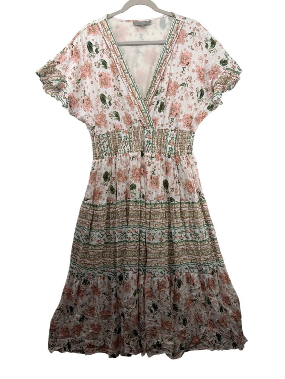J Gee Maxi Dress Sz L Pink Floral Ditzy Smocked Waist V-Neck Cottage Fairy